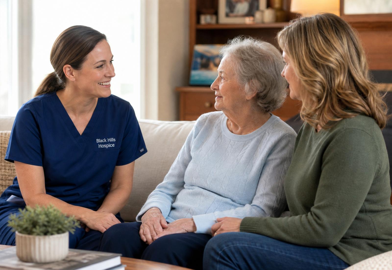 Hospice nurse sitting with an elderly patient and her adult daughter in a bright South Dakota home